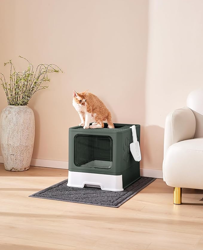 Cat Litter Box with X-Large Litter Mat and Scoop, Large Foldable Litter Box with Lid, Enclosed Kitty Box,Front Top Entry Exit, Odor Control Easy to Clean (Upgrade Olive Green)-Mewly Pet
