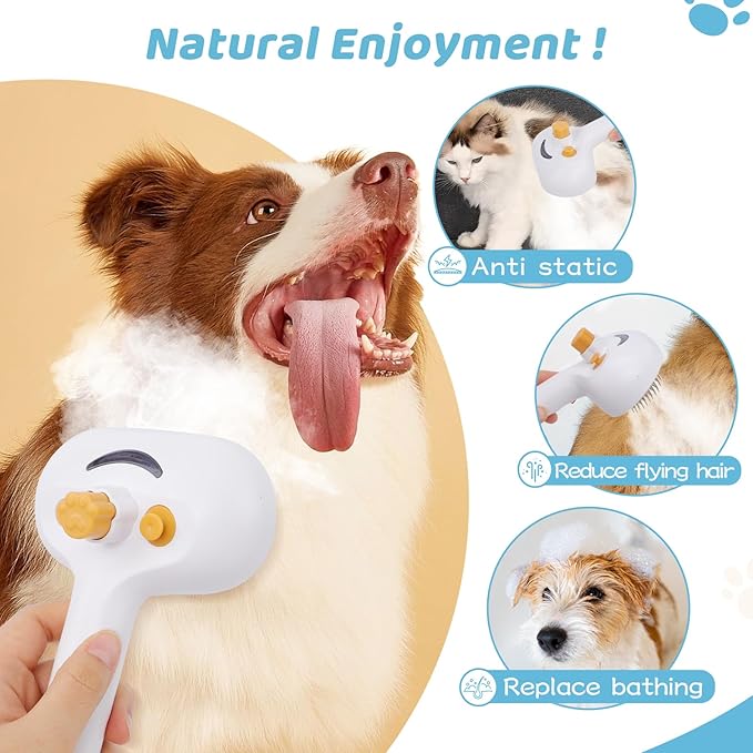 Pet Steam Brush for Dog & Cat – 3-in-1 Spray Hair Removal Comb for Shedding & Grooming Shedding Glove, Flea Comb, Couch Carpet Hair Removal Tool, Nail Toenail Clippers Nail File Shampoo-8PCS-Mewly Pet