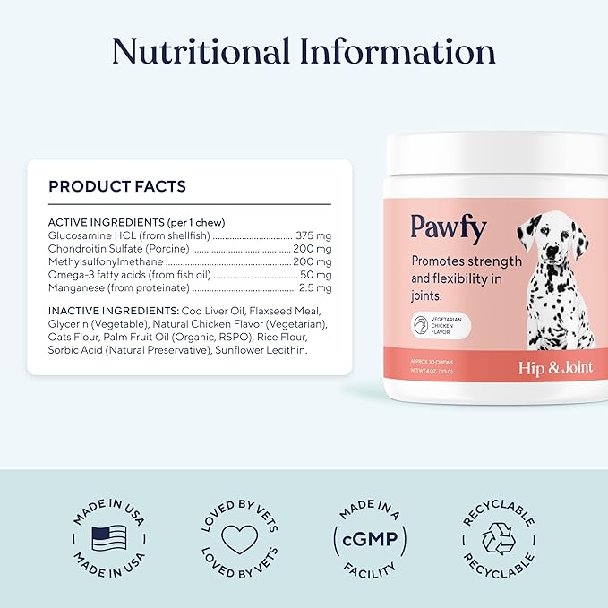 Pawfy Hip & Joint Supplement for Dogs with MSM & Vitamins | Glucosamine Chondroitin for Small, Medium & Large Breed - Supports Mobility & Bones | Glucosamine for Dogs with Omega 3-30 Chews-Mewly Pet
