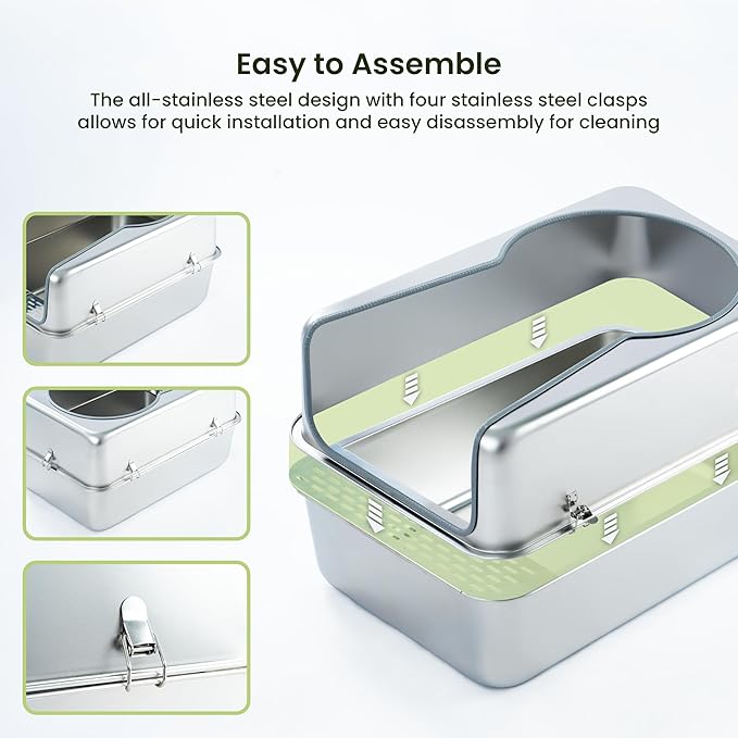 Cattasaurus 100% Stainless Steel Litter Box Enclosure for Large Cats 30+ lbs, Odor-Free & Easy to Clean, Multi Cat Litter Box with Cover, Long-Lasting XL Metal Litter Box with High Side, Scoop & Pedal-Mewly Pet