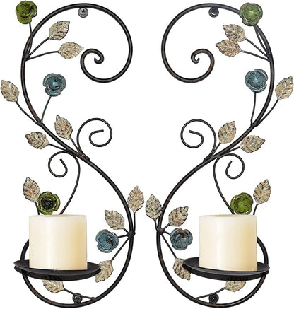 Wall Sconces Candle Holder Set of 2, Antique Multi-Color Leaf Branch Wall Mount Hanging Metal Wall Candle Holder Candle Sconce for Living Room Dining Room…