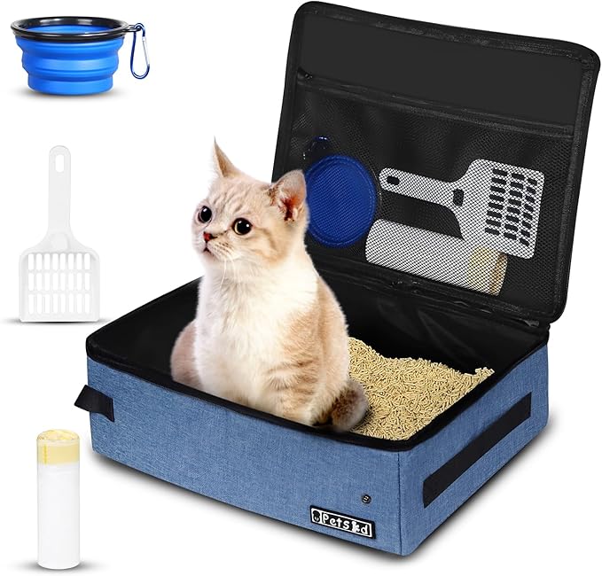 Petskd Portable Cat Travel Litter Box with Lid and 10 pcs Disposable Liner Bags, Leak-Proof and Collapsible, Cat Travel Essentials for Car, Hotel, Airplane and Other Outdoor Use(Blue)-Mewly Pet
