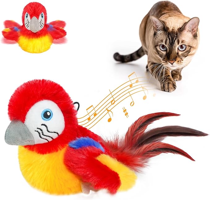 Vannon Cat Toys Flapping Bird(Cannot Fly), Rechargeable Touch Activated Kitten Toy Interactive Cat Exercise Toys with Catnip and Feather for Indoor Cat - Red-Mewly Pet