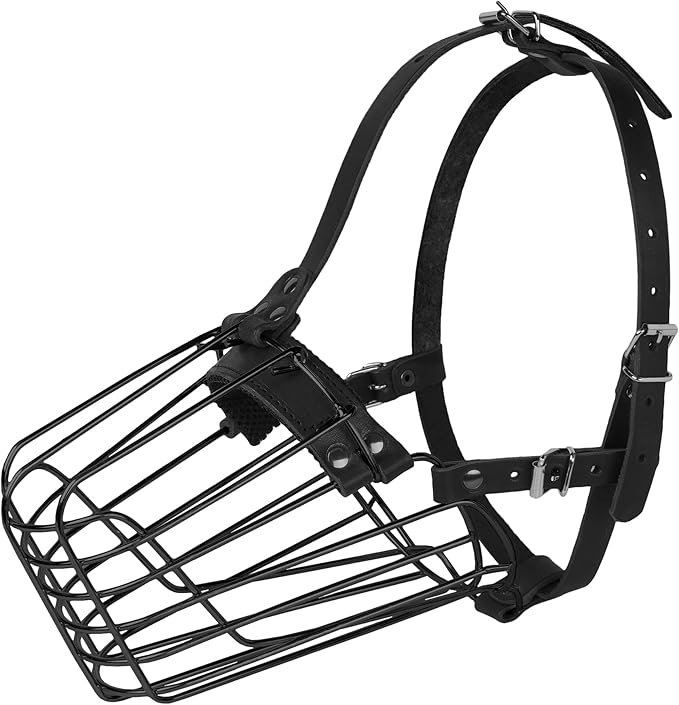 German Shepherd Dog Muzzle Metal Basket for Medium Large Dogs Adjustable Durable Leather Straps Secure Wire Mask for Biting Chewing Barking (Black, L - Size)-Mewly Pet