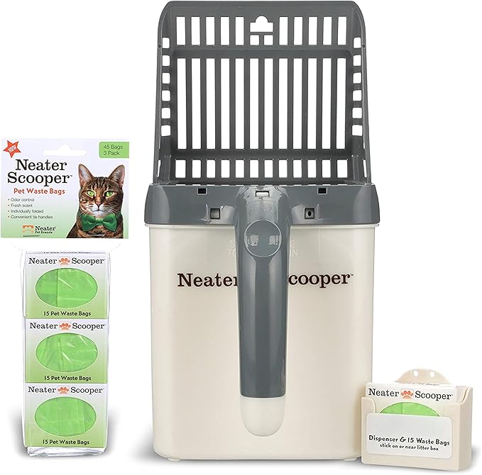 Neater Pet Brands Neater Scooper Standard Cat Litter Scoop, 60 Refill Bags – Mess-Free Cat Litter Scooper with Bag, Spill-Proof Kitty Box Sifter, Bin Doubles as Scoop Holder, For Single-Cat Households-Mewly Pet