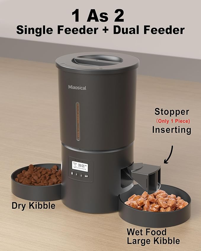 Dual Automatic Cat Feeder 2 Cats,6 Meals/Day,12 Portions/Meal,4.2L Dual Power Double Bowls Feeder,Dry Food Auto Pet Dispenser,10S Voice Record,Flexible Schedule Timer (Black,Basic Dual Bowls)-Mewly Pet