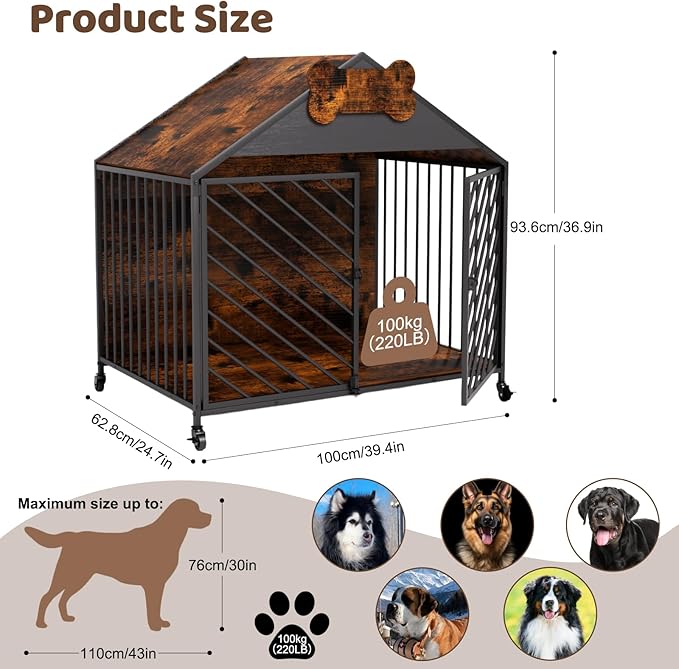 Heavy Duty Dog Crate Furniture for Large Breed - 39.4" Chew-Proof Kennel with Gable Roof, Double Door Escape-Proof Indoor Dog Cage, Rustic Brown-Mewly Pet