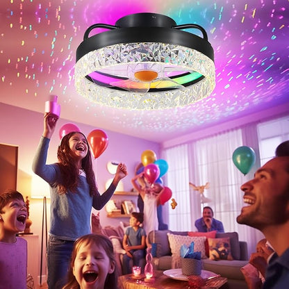 Flush Mount Ceiling Fan with Light - Small Low Profile Ceiling Fan,13" RGB Dimmable LED Bladeless Ceiling Fans, Modern Enclosed LED-RGB Ambient Light for Bedroom, Kids Room, Party