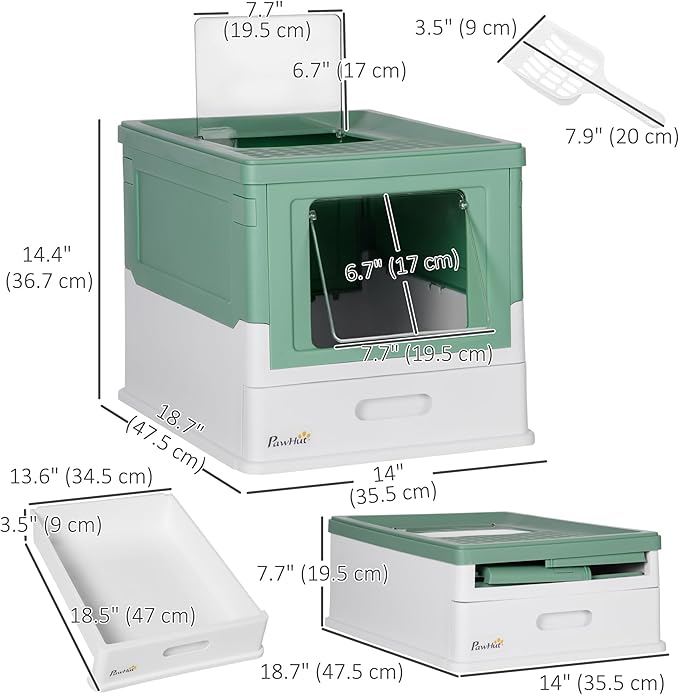 PawHut Fully Enclosed Litter Box with Scoop, Hooded Litter House with Drawer Tray, Foldable Smell Proof Cat Potty with Front Entry, Top Exit, Portable Pet Toilet with Large Space, Green-Mewly Pet