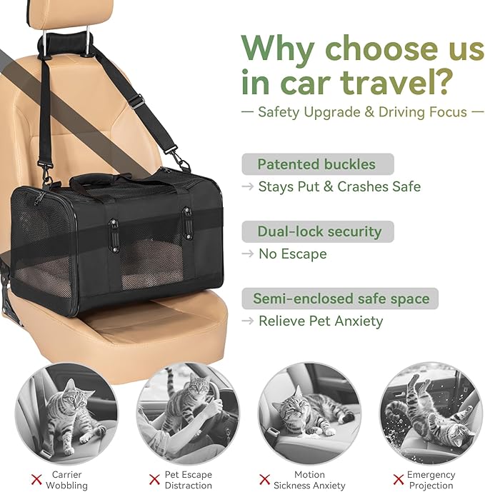Petsfit 19x12x12 Pet Carrier for Large Cats (up to 20 lbs), Soft-Sided Small Dog Travel Carrier, Upgraded with Patented Buckle and Soft Padding, Ideal for Car Road Trips,Black-Mewly Pet