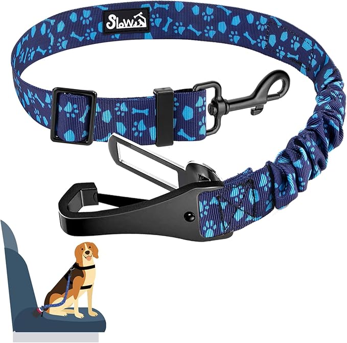 SlowTon Dog Seat Belt, Adjustable Dog Safety Belt Leash, 2 in 1 Latch Bar Attachment Dogs Car Seatbelt with Elastic Nylon Bungee Buffer, Reflective Nylon Belt Tether (BL,35.5in)-Mewly Pet