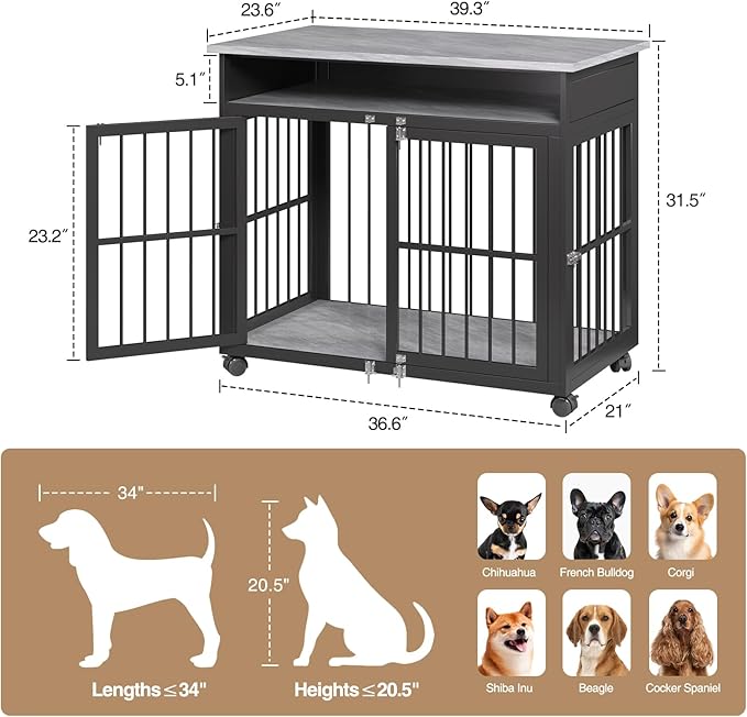 39.4" Dog Crate Furniture for Medium and Large Breed, Dog Kennel Furniture with Storage Shelf & Lockable Wheels, Heavy Duty Wooden End Side Table Pet Cage Indoor, Chew-Resistant, Grey-Mewly Pet