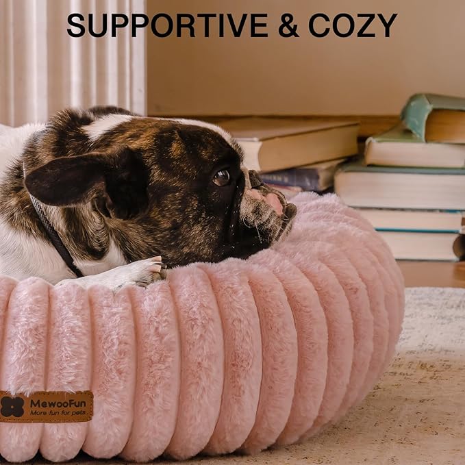 MEWOOFUN Donut Dog Beds for Small Dog, Calming Bed Round Cute Puppy Bed with Non-Slip Bottom, Fluffy Washable Pet Bed for Puppy and Kitten (Pink, M (30x30x8))-Mewly Pet