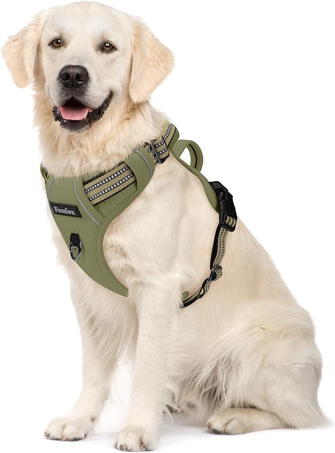 Funfox Dog Harness No Pull, Adjustable Pet Vest Harness, Super Soft Material with Vertical Handle Easy Control, Reflective Night Walking, 2 Leash Clips for Medium Sized Dogs, Army Green, M-Mewly Pet