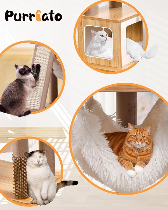 61" Wooden Cat Tree Tower for Indoor Cats, Luxury Modern Wooden Tower with XL Plush Lounge, Hammock & Scratching Posts for Maine Coon 20 lbs-Mewly Pet