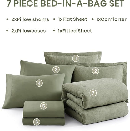 Monbix California King Comforter Set - 7 Pieces Cationic Dyeing Sage Green Bed in a Bag Cal King Bed Sets with Comforter, Sheets, Pillowcases & Shams, Reversible Bedding Comforters Sets (108 * 92)