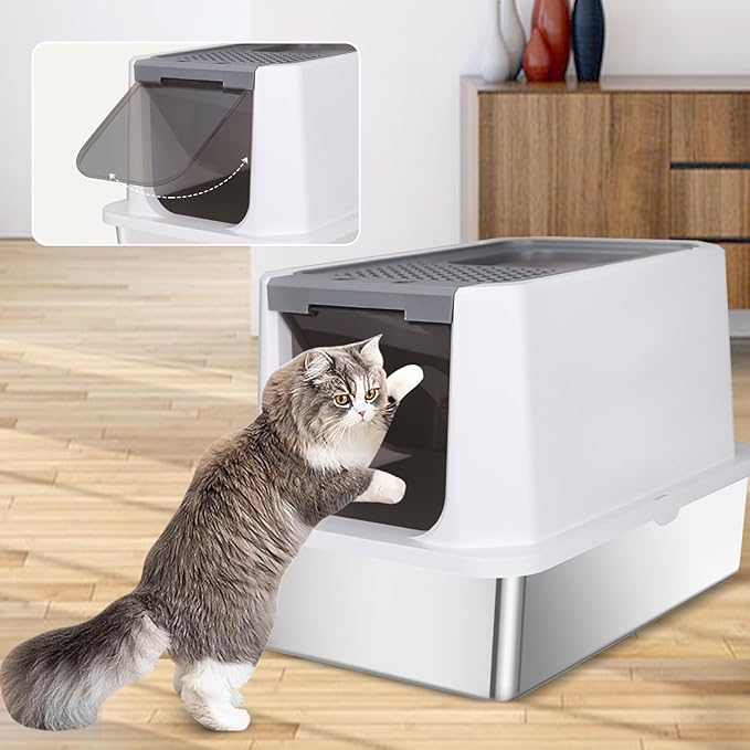 RIZZARI Stainless Steel Cat Litter Box, Odorless Enclosed Litter Box with Top Holes, Large Litter Pan for Small to Large Sized Cats (Dark Gray, 23.8" L*15.9" W*16.1" H)-Mewly Pet