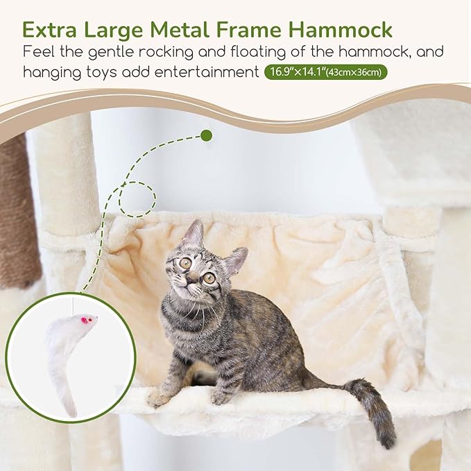 Globlazer Heavy Duty Cat Tree Tower, 70inch Sturdy Cat Tree for Indoor Cats Sturdy Large Cat Tower with Scratching Post and Scratching Board, Hammock, Cat Condo for Adult Cats Kittens, F70 Pro, Beige-Mewly Pet