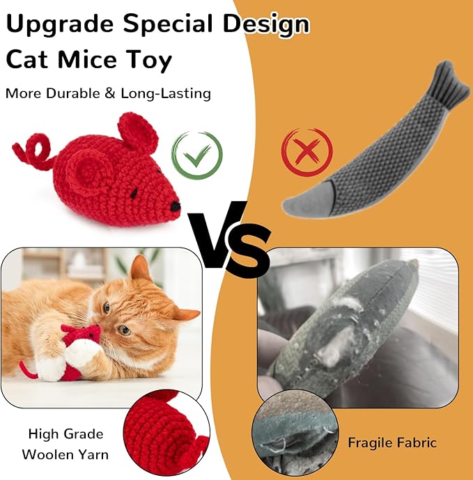 Retro Shaw Catnip Toys Crochet Mice Cat Toys,3 Pcs Yarn Cat Nip Mouse Animals Toy,Safe Teeth Cleaning Toy for Indoor Kittens-Mewly Pet