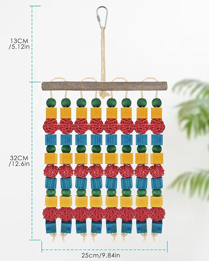 Large Parrot Toys, 17.7 inch Multicolored Natural Wooden Blocks Beads Rattan Balls, Bird Chew and Hanging Tearing Toys for Large Medium Birds Macaws African Grey Cockatoos Amazon Parrots-Mewly Pet