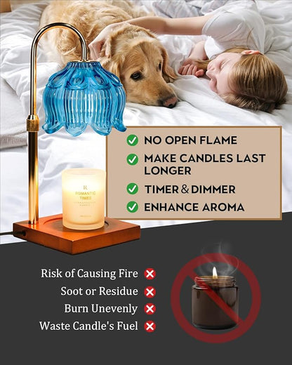 Blue Candle Warmer Lamp with Timer Dimmable, Adjustable Height Gifts for Women Mom Birthday Christmas, House Warming Gifts New Home Bedroom Decor, Lotus Flower Candle Lamp Warmer for Jar Candle