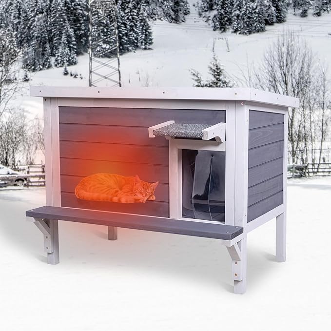 GEGURI Insulated Cat House Outdoor Weatherproof Feral Cat Shelter for Winter Large Wooden Enclosure with Escape Door-Mewly Pet