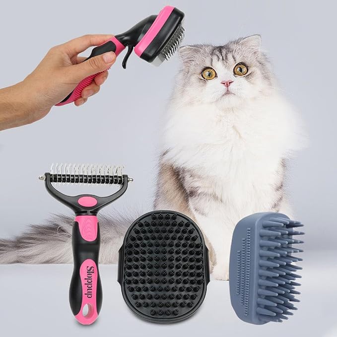 Dog Brush Kit for Grooming Short & Long Haired Dogs & Cats, 4-in-1 Pet Grooming Set with Self-Cleaning Slicker Brush, Deshedding Tool, Shampoo Bath Comb, Massge Comb (Pink Black)-Mewly Pet