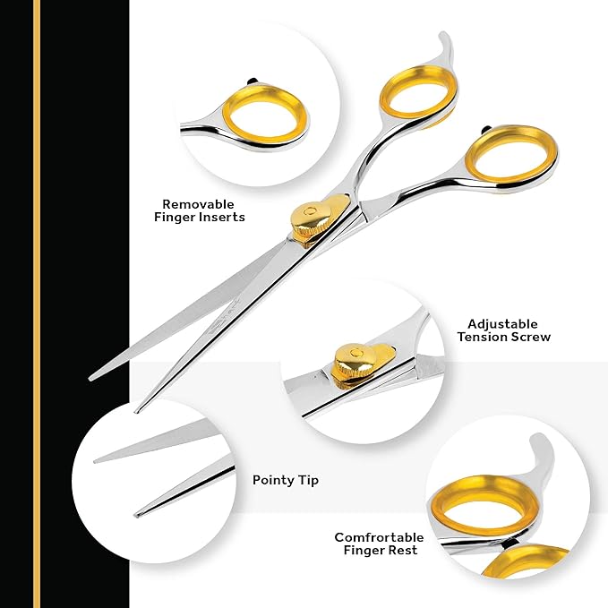 Sharf Gold Touch Pet Grooming Shear | Straight Cat & Dog Grooming Scissors | 7.5 Inch | 440c Japanese Stainless Steel Pet Dog Shearing Scissors | Animal Shears with Removable Comfort Rings-Mewly Pet