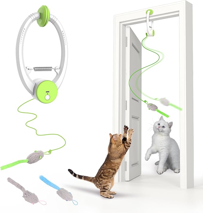Interactive Cat Toys Rechargeable, Feather Toy for Indoor Cat, Hanging Retractable Teaser Toy, Automatic Kitten Play Chase Exercise Toys with Three Plush Mouse, USB Powered (Green)-Mewly Pet