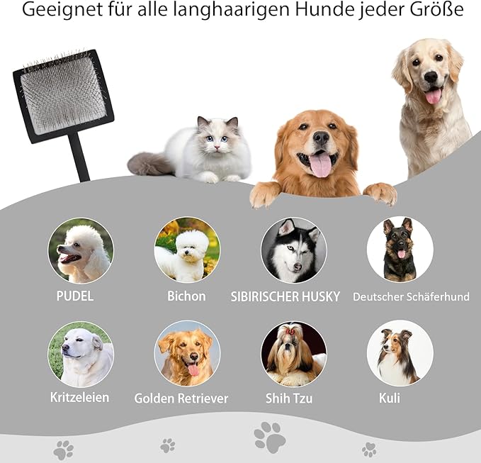 Dog Slicker Brush for Shedding and Grooming Medium or Long Haired Cats, Extra Long & Soft Pin Slicker Brush for Removes Loose Hair, Tangles, Knots, Undercoat, Free Pet Comb, Large Black-Mewly Pet