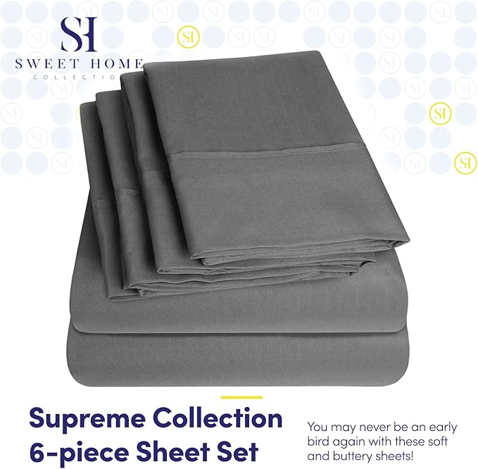 Cal King Size Bed Sheets - 6 Piece 1500 Supreme Collection Fine Brushed Microfiber Deep Pocket California King Sheet Set Bedding - 2 Extra Pillow Cases, Great Value, California King, Gray