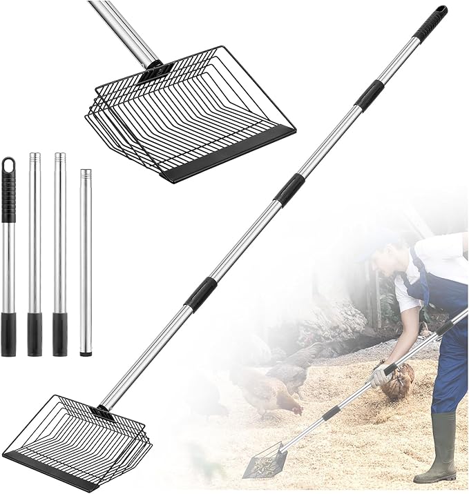 Adjustable Chicken Poop Scooper, Heavy Duty Stainless Steel Chicken Rake with 3-Slot Pole, Multi-Use Pet Waste Shovel & Hay Scooper - 36"/50"/64" Length-Mewly Pet