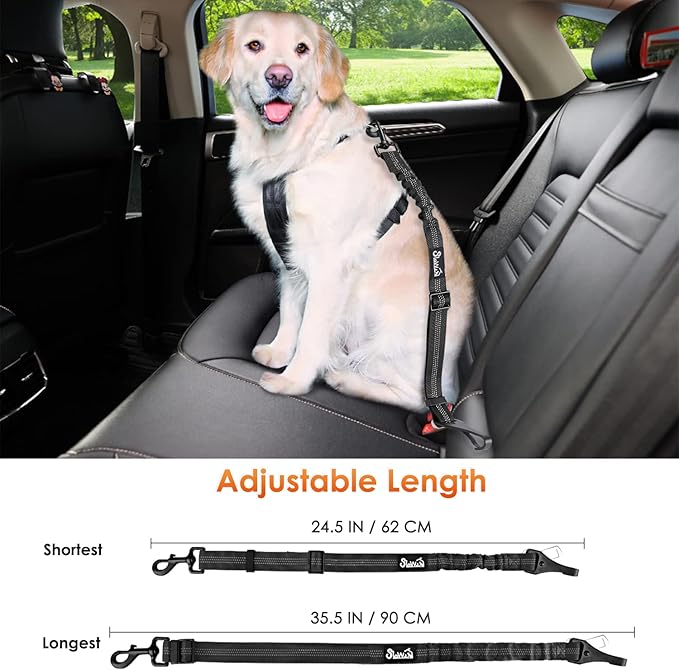SlowTon Dog Seat Belt, Adjustable Dog Safety Belt Leash, 2 in 1 Latch Bar Attachment Dogs Car Seatbelt with Elastic Nylon Bungee Buffer, Reflective Nylon Belt Tether Connect to Dog Harness(B,35.5in)-Mewly Pet