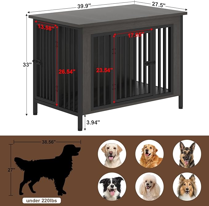 EasyCom 39.96" XL Wooden Large Dog Crate Furniture for Medium and Large Breed, Chew-Resistant Dog Kennel Furniture Indoor with 2 Doors and 3.94" Raised Feet, as TV Stand, End Table, Crate Table-Mewly Pet