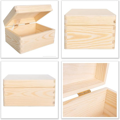 Large Plain Wooden Storage Box with Lid | 7.67x5.90x3.93in (+/-0.39in) | Hinged Lid | Unpainted Gift Box Kitchen Storage | Rough & UNSANDED Wood Keepsake Memory Craft Chest