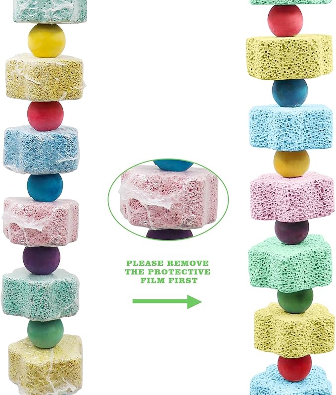 2 Pack Bird Chewing Toy, Colorful Parrot Beak Grinding Calcium Stone with Bells, Cage Accessories for Cockatiels Parakeets Parrots Budgies Lovebirds Rat Hamster Chinchilla Rabbit Bunny African Grey-Mewly Pet