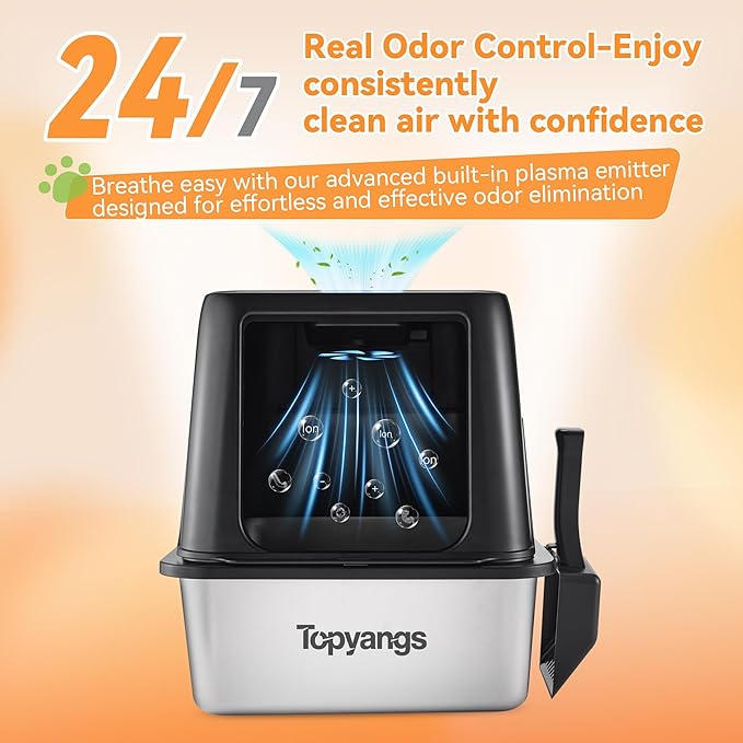 Odor-Control Stainless Steel Litter Box, 135° Flip-Top Metal Cat Litter Box with Electric Deodorization, Enclosed High Sided Litter Pan, Breeze Litter Box System, Anti-Urine Leakage-Mewly Pet