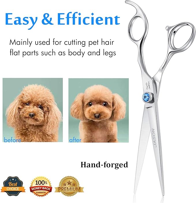 JASON 7" Straight Dog Grooming Scissors, Ergonomic Pets Grooming Shears, Premium Cats Trimming Kit with Offset Handle and Jewelled Screw, Sharp, Comfortable-Mewly Pet