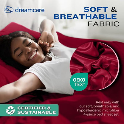 DREAMCARE Full Size Cooling Sheets - 4pcs Set - Soft & Long Lasting 100% Fine Brushed Polyester with Side Pocket - Burgundy
