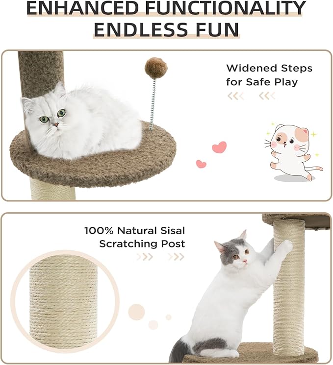 Made4Pets Floor to Ceiling Cat Tree 93-106'',Tall Cat Tower 5 Tiers, Adjustable Height, Stable Cat Tree Tower with Scratching Posts, Fluffy Condo, Hammock and Ball Toy for Indoor Cats/Kitten, Brown-Mewly Pet