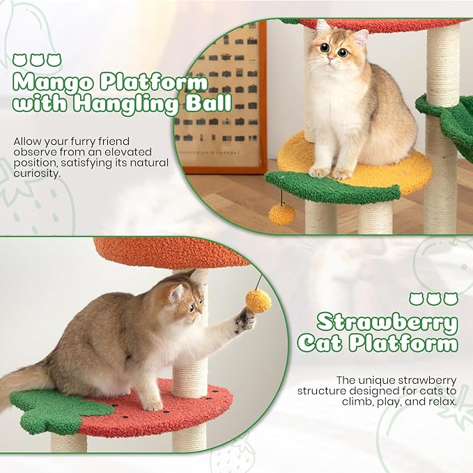Happy & Polly Cute Cat Tree - 40.5" Fruit World Cat Tower for Indoor Cats, Cat Tree Condo with Sisal Scratching Posts, Cozy Hammock, Plush Strawberry Perches, Kitten Cat Trees Towers Activity Center-Mewly Pet