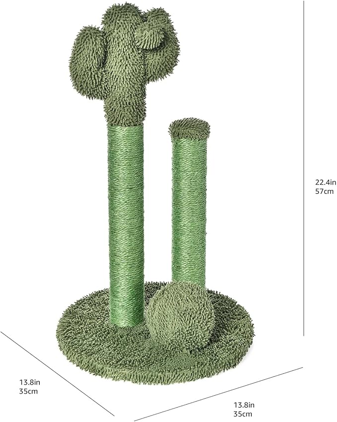 Amazon Basics Cat Scratcher - Indoor Cactus Triple Posts Cat & Kittens Scratching Post with Dangling Ball, Small (22.4"H) - Green-Mewly Pet