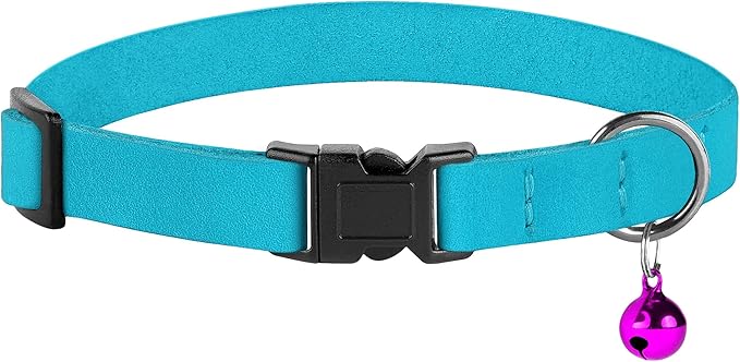 Breakaway Cat Collar Leather with Removable Bell - 13 Colors Available - Soft Adjustable Girl Boy Safety Lightweight Pet Kitten Collars Pink Brown Blue Green Red Orange Black (Aquamarine)-Mewly Pet