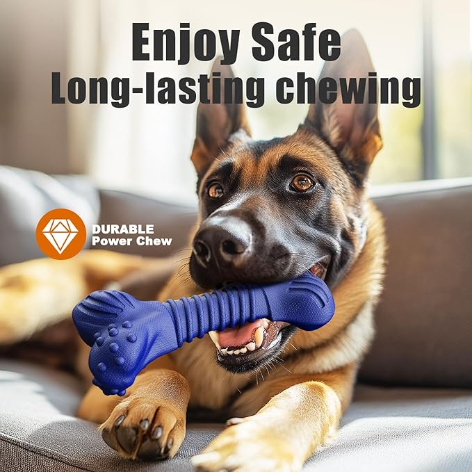 Dog Toys for Aggressive Chewers, Indestructible Chew Toys for Medium Large Dogs,Durable Rubber Dog Bones with Beef Flavor, Tough Dental Toy for Boredom Relief (Blue)-Mewly Pet