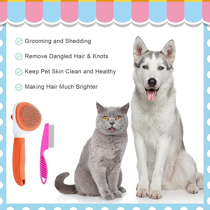 Cat Brushes for Indoor Cats, Dog Brush for Shedding with Metal Cat Comb, Self Cleaning Pet Hair Brush with Release Button for Grooming Kitten(Orange)-Mewly Pet