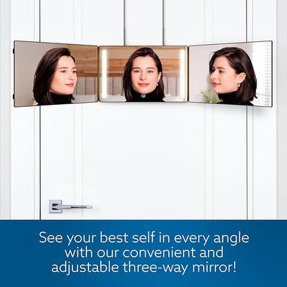 3-Way Mirror with LED Lights for Self Hair Cutting – Adjustable, Portable, 360-Degree View
