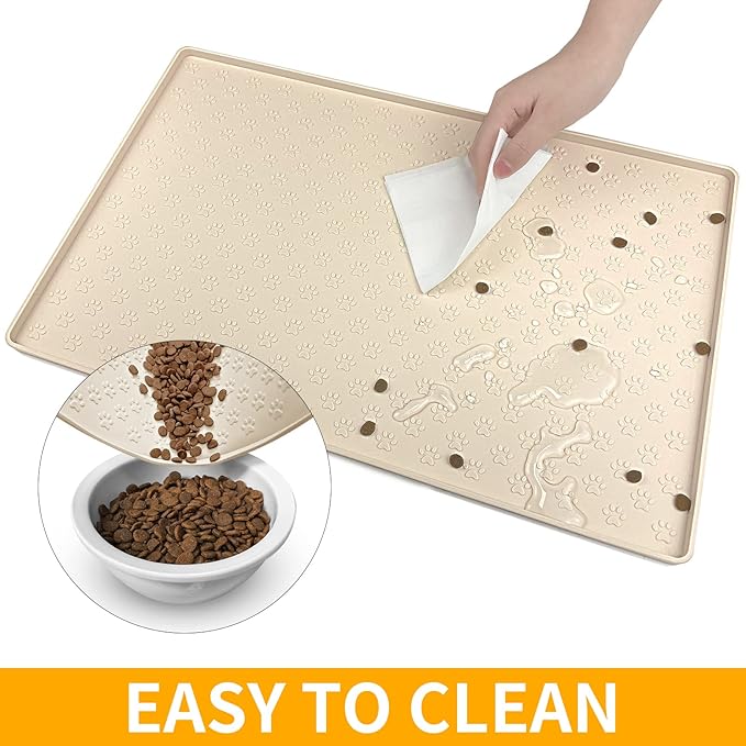 Ptlom Silicone Pet Placemat for Dog and Cat, Waterproof Non-Slip Pet Feeding Bowl Mats for Food and Water, Small Medium Large Tray Mat Prevent Residues from Spilling to Floor, Beige, 24.5" 16.5"-Mewly Pet
