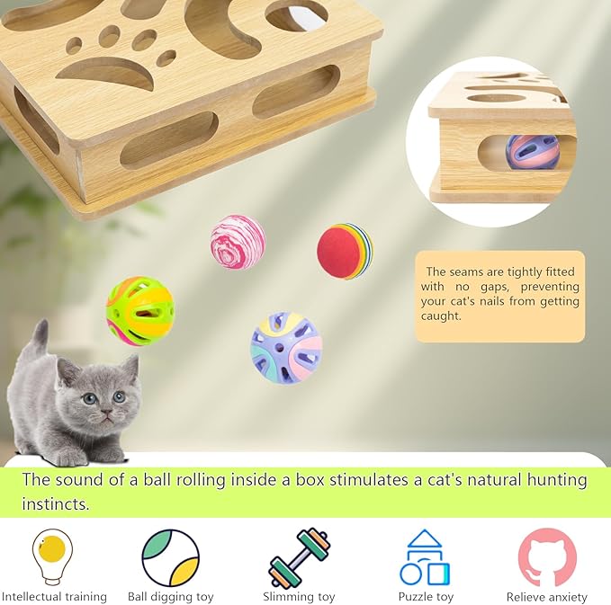 Interactive Wooden Cat Puzzle Toy Box Indoor Hunting Play Toy to Stimulate Your Cat’s Energy and Instincts (Burlywood)-Mewly Pet