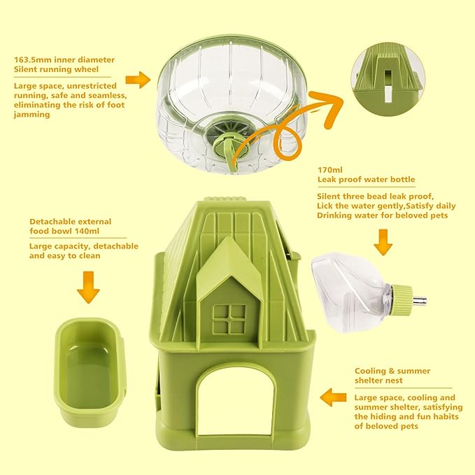 4 in 1 Silent Large Hamster Wheel Multifunctional Hamster Running Wheel Quite Running Spinner Wheel Accessories with Food Bowl Water Bottle for Hamsters Dwarf Gerbil (Green)-Mewly Pet