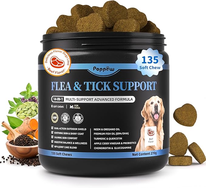 Dog Flea and Tick Support Chewable, Natural Dog Flea Comfort Supplement, Oral Chews with Neem, Oregano Oil, Pumpkin Seed Oil & Brewer's Yeast – 135 Soft Chews, Beef Flavor – for All Breeds & Sizes-Mewly Pet